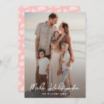 Modern Mele Kalikimaka Palm Leaves Pink Photo Holiday Card<br><div class="desc">Pink photo Mele Kalikimaka card featuring a photo on the front and a pink tropical pattern with palm leaves at the back.</div>