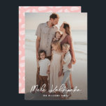 Modern Mele Kalikimaka Palm Leaves Pink Photo Holiday Card<br><div class="desc">Pink photo Mele Kalikimaka card featuring a photo on the front and a pink tropical pattern with palm leaves at the back.</div>