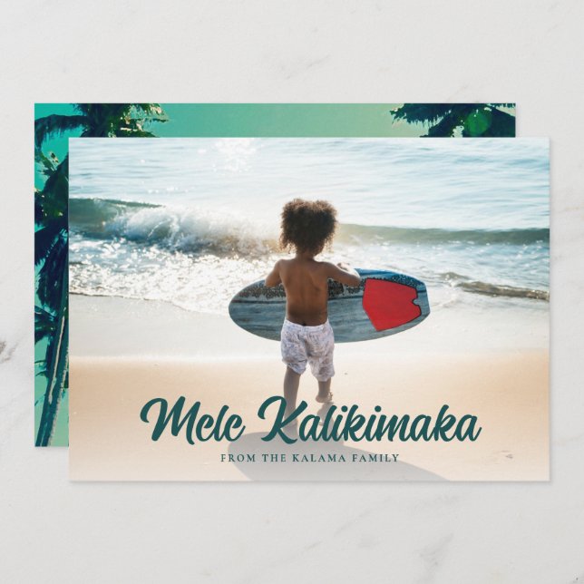 Modern Mele Kalikimaka Palm Trees Back Full Photo Holiday Card (Front/Back)