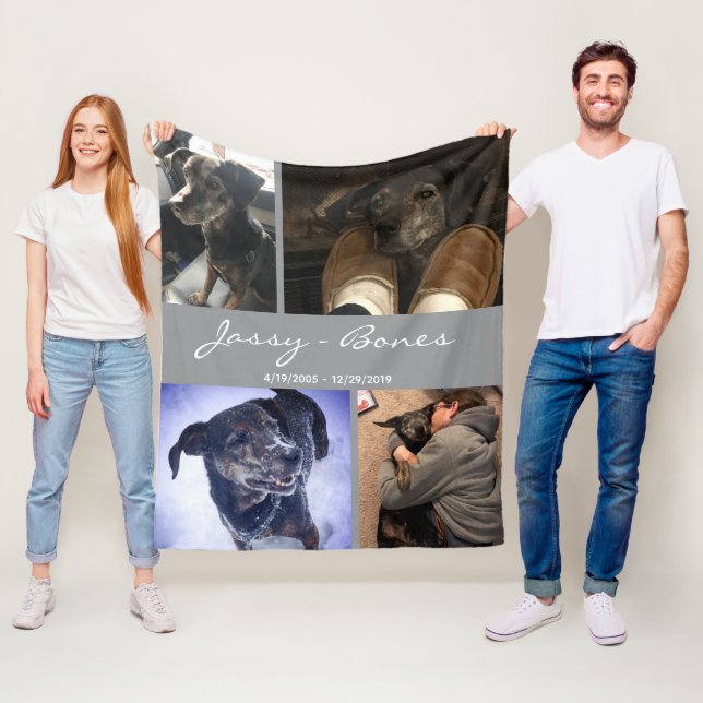 Modern Memorial Pet Photo Collage Grey Fleece Blanket (In Situ)