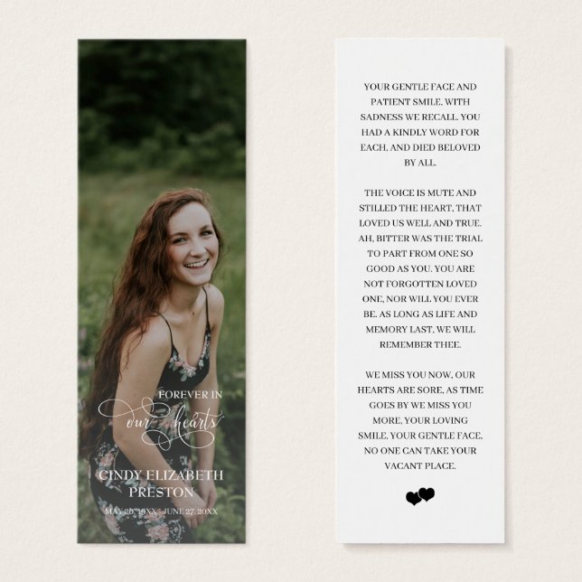 Modern Memorial Photo Funeral Poem Bookmark (Front & Back)