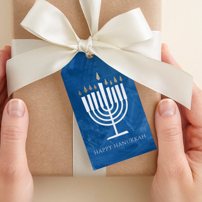 Modern Menorah Blue Hanukkah Gift Tag (blue watercolor style modern happy Hanukkah gift tag)