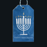 Modern Menorah Blue Hanukkah Gift Tag<br><div class="desc">This Happy Hanukkah gift tag features modern and fun menorah illustration that stands out against a textured background on blue (or ANY COLOR of your choice using the "customise it" button!). The backer is white with personalizable text in the "from" area for handy, pre-printed tags or you can clear the...</div>