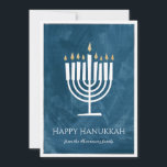 Modern Menorah Hanukkah Card with Photo Backer<br><div class="desc">This Happy Hanukkah card features modern and fun menorah illustration stands out against a textured background on blue that you can change to ANY COLOR using the "customise it" button! The backer is total personalizable with a photo of your choice and a custom text overlay OR clear all of the...</div>