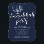 Modern Menorah Hanukkah Celebration Invitation<br><div class="desc">Start your Holiday party off right with our elegant blue Menorah Hanukkah Celebration Party Invitation featuring a light blue menorah set on a navy blue background with modern typography. Make sure all your friends and family members are there to celebrate with you this holiday season! Hanukkah is a favourite time...</div>