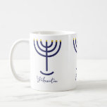 Modern Menorah Navy Gold Custom Named Coffee Mug<br><div class="desc">Customise your name onto a Menorah mug. Navy blue Menorah with gold faux foil candle tips. Name is written in script font in navy blue. The Menorah and name are printed in three positions around the mug. To customise click "personalise this template'.</div>