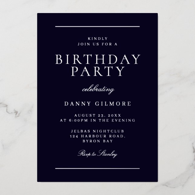 Modern Mens Birthday Party Black & Silver (Front)