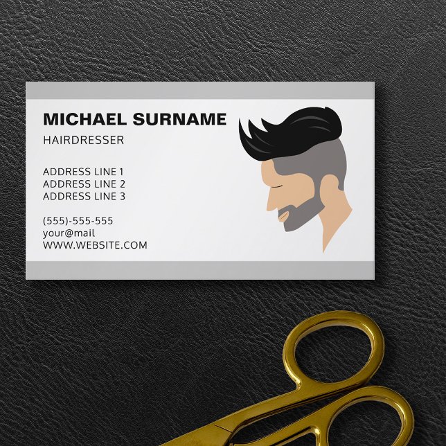 Modern Men's Hair Illustration Hairdresser Barber Business Card (Business card design for barbers, hair stylists and hairdressers. Personalize with your text.)