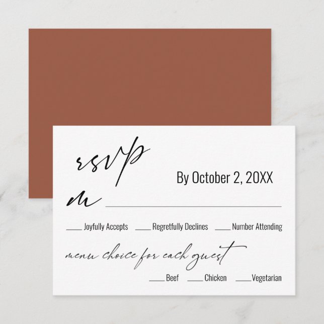 Modern Menu Choice Terracotta Wedding RSVP Card (Front/Back)