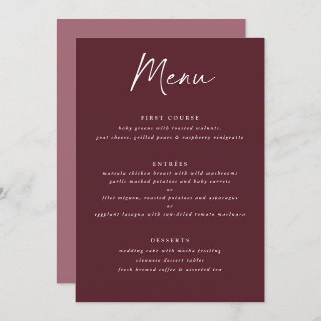 Modern Merlot Burgundy Handwriting Wedding Menu (Front/Back)