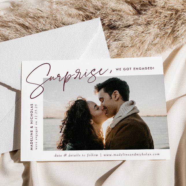 Modern Merlot Script Surprise Photo Engagement Announcement (Creator Uploaded)