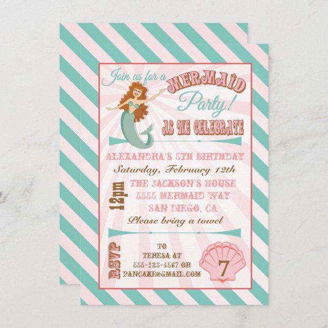 Modern Mermaid Birthday Party Invitation (Front/Back)
