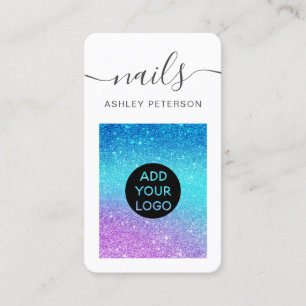 Modern mermaid glitter purple blue nails script business card