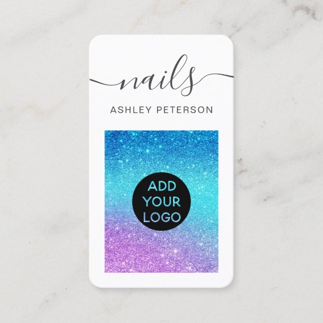 Modern mermaid glitter purple blue nails script business card (Front)
