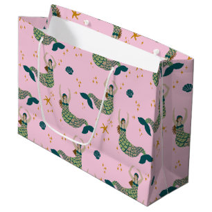 Modern Mermaid Siren Theme Illustration Print Pink Large Gift Bag