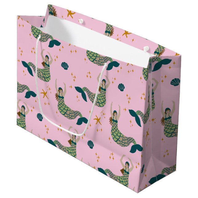 Modern Mermaid Siren Theme Illustration Print Pink Large Gift Bag (Front Angled)