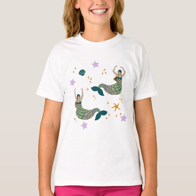 Modern Mermaid Siren Theme Illustration Print T-Shirt (Front)