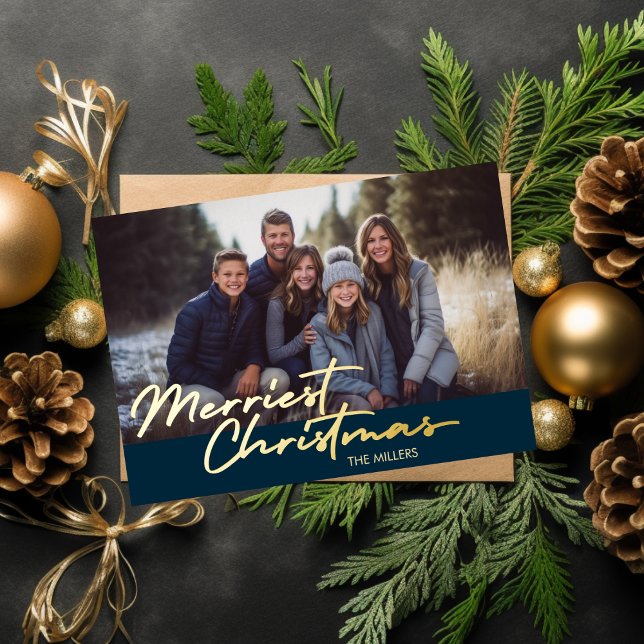 Modern Merriest Christmas 1 Photo Navy Plaid Foil Holiday Postcard (Modern Merriest Christmas 1 Photo Navy Plaid Foil Holiday Postcard)