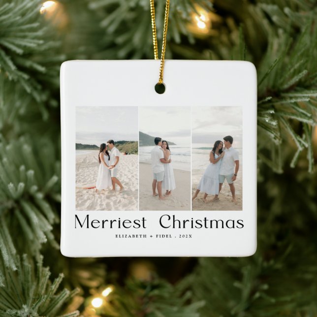 Modern Merriest Christmas Couples Photo Ceramic Ornament (Tree)