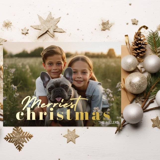 Modern Merriest Christmas Minimal 1 Photo Elegant Foil Holiday Postcard (Modern Merriest Christmas Minimal 1 Photo Elegant Foil Holiday Postcard)