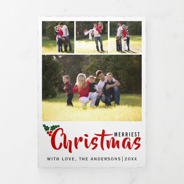 Modern Merriest Christmas photo collage Tri-Fold Holiday Card (Cover)