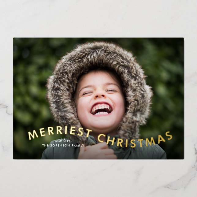Modern Merriest Christmas Photo Foil Holiday Card (Front)