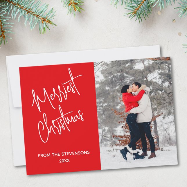 Modern Merriest Christmas Photo Red Holiday Card (Creator Uploaded)