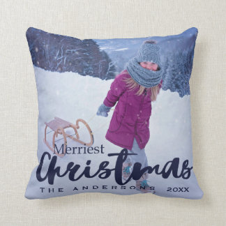 Modern Merriest Christmas Script Holiday Photo Cushion