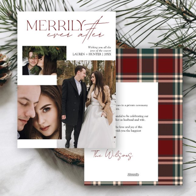 Modern Merrily Ever After Red Green Tartan Plaid Holiday Card (Creator Uploaded)