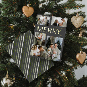 Modern Merry 5 Photo Collage Grey Christmas Gold Foil Holiday Card