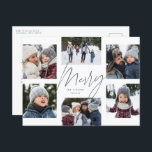 Modern merry 6 photo Christmas collage green Holiday Postcard<br><div class="desc">A college of 6 photos is collected around a modern merry script in the centre and a custom message in this green and white holiday photo card. This simple Christmas card design is trend forward and the perfect way to share a year of highlights with friends and family. The back...</div>