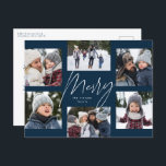 Modern merry 6 photo Christmas collage navy blue Holiday Postcard<br><div class="desc">A college of 6 photos is collected around a modern merry script in the centre and a custom message in this navy blue and white holiday photo card. This simple Christmas card design is trend forward and the perfect way to share a year of highlights with friends and family. The...</div>