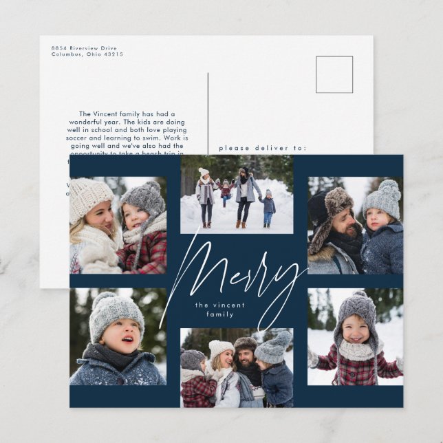 Modern merry 6 photo Christmas collage navy blue Holiday Postcard (Front/Back)
