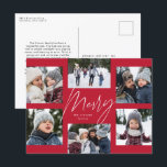Modern merry 6 photo Christmas collage red Holiday Postcard<br><div class="desc">A college of 6 photos is collected around a modern merry script in the centre and a custom message in this red and white holiday photo card. This simple Christmas card design is trend forward and the perfect way to share a year of highlights with friends and family. The back...</div>