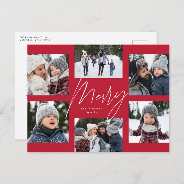 Modern merry 6 photo Christmas collage red Holiday Postcard (Front/Back)