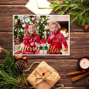Modern Merry and Blessed Red and Black Plaid Foil Holiday Card