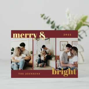 Modern Merry and Bright 3 Photo Red Christmas Foil Holiday Card