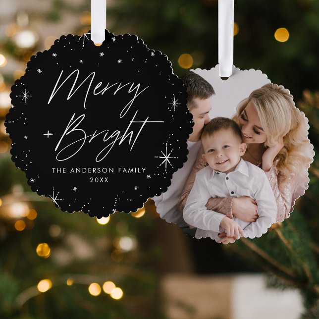 Modern Merry and Bright Black Holiday Photo Tree Decoration Card (Creator Uploaded)