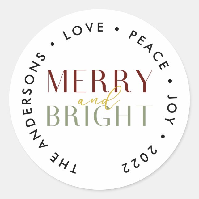 Modern Merry and Bright Christmas Family Classic Round Sticker (Front)