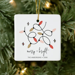 Modern Merry and Bright Christmas Lights Holiday Ceramic Ornament