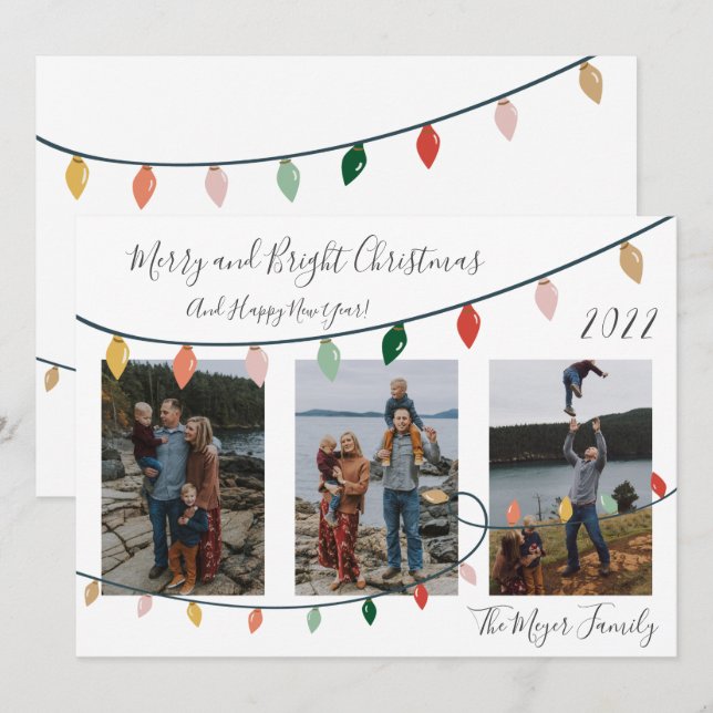 Modern Merry and Bright Christmas Lights Photo Holiday Card (Front/Back)