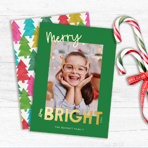 Modern Merry and Bright Christmas Photo  Foil Holiday Card