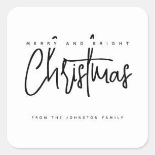 Modern Merry and Bright Christmas simple script Square Sticker