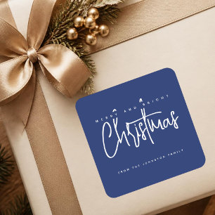 Modern Merry and Bright Christmas simple script Square Sticker