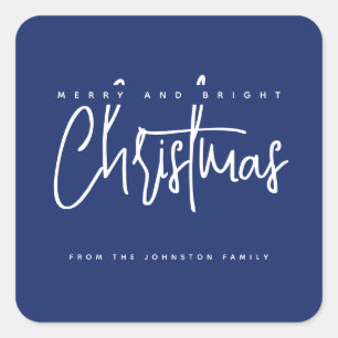 Modern Merry and Bright Christmas simple script Square Sticker