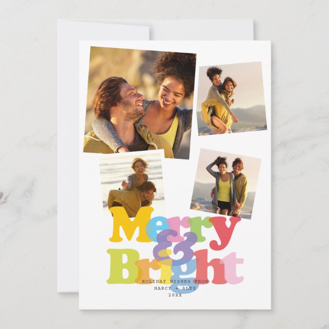 Modern Merry And Bright Couples 4 Photo Collage Holiday Card (Front)