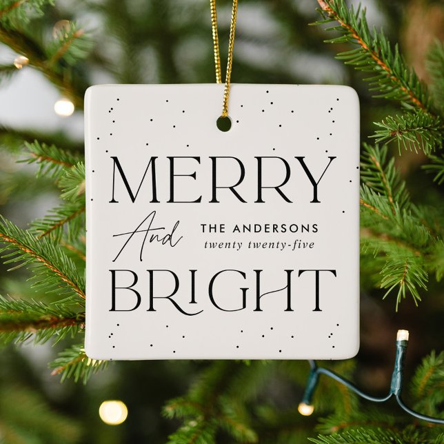 Modern Merry and Bright Cream Photo Ceramic Ornament (Creator Uploaded)
