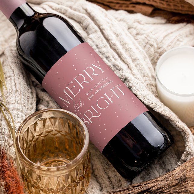 Modern Merry and Bright Dusty Rose Holiday Wine Label (Creator Uploaded)