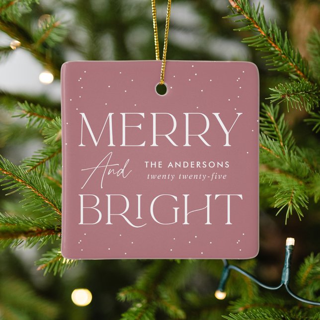 Modern Merry and Bright Dusty Rose Photo Ceramic Ornament (Creator Uploaded)