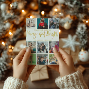 Modern Merry and Bright Faux Gold 9 Photo   Holiday Card